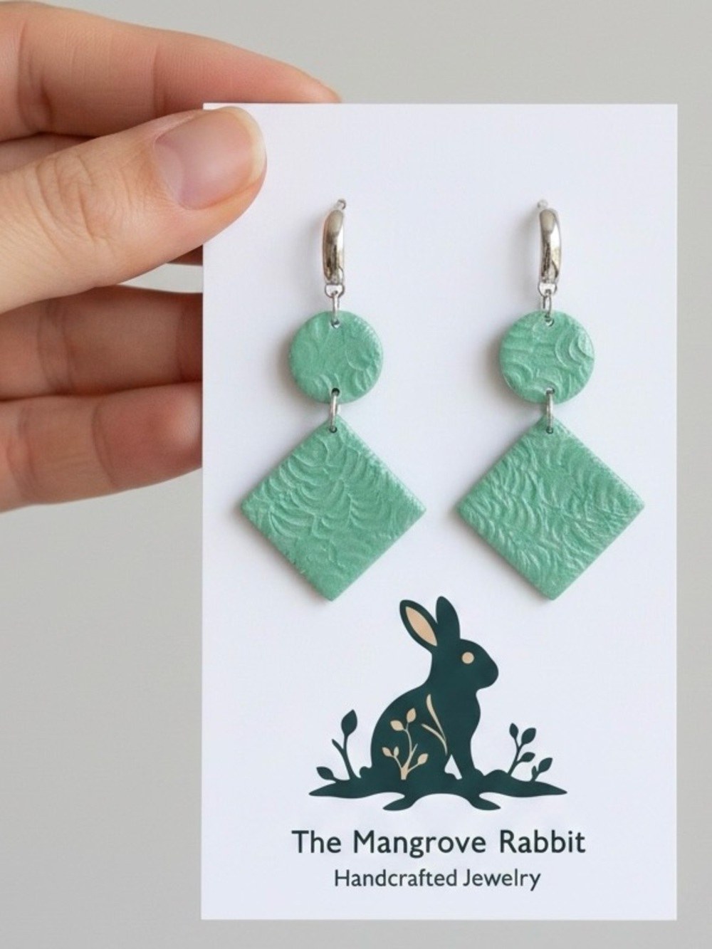 Handmade Green Floral Textured Long Polymer Clay Earrings Stainless Steel Posts